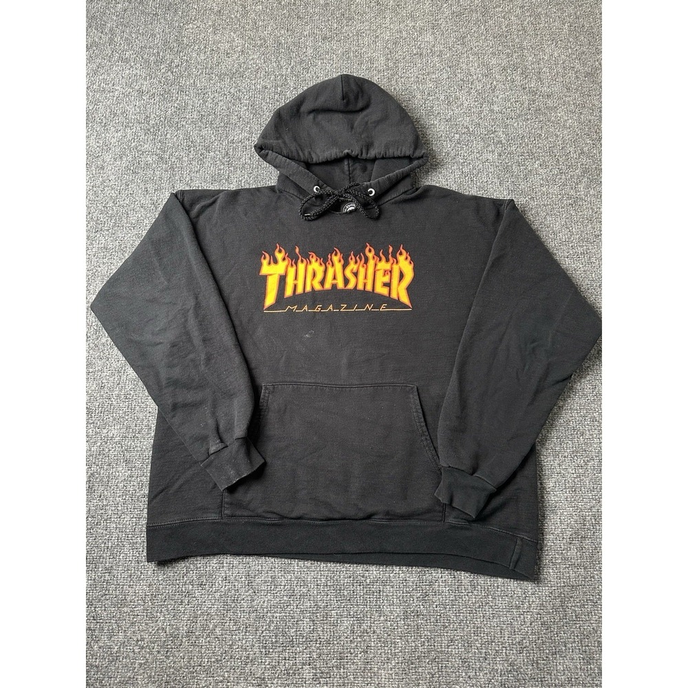Mens Hoodie Thrasher Flame Logo Black Pullover, Size L